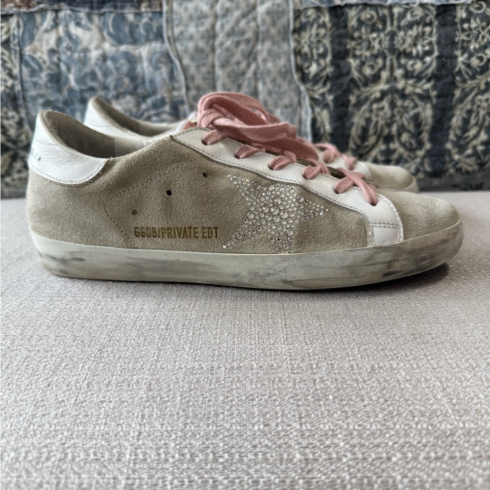 Golden Goose Swarovski crystals Beige Suede Sneakers with Pink Laces.